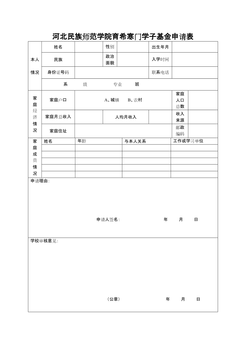 承德师专玉溪寒门学子基金申请表.doc_第1页