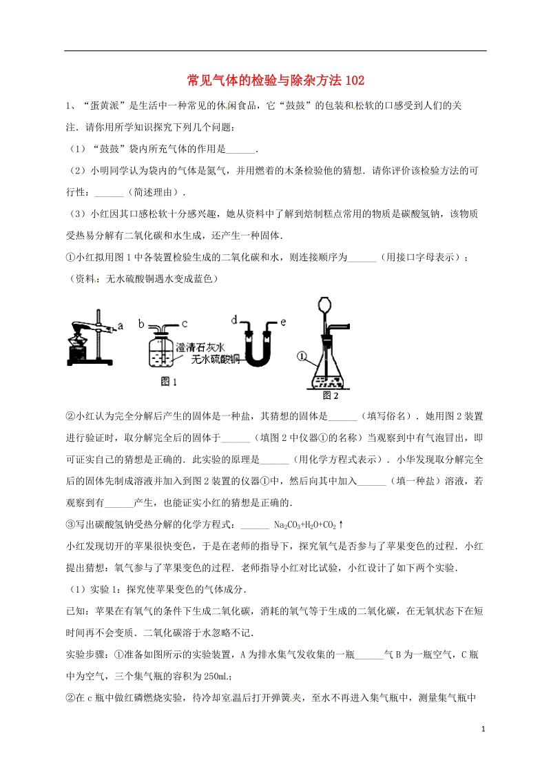 吉林省吉林市中考化学复习练习 常见气体的检验与除杂方法102（无答案） 新人教版.doc_第1页