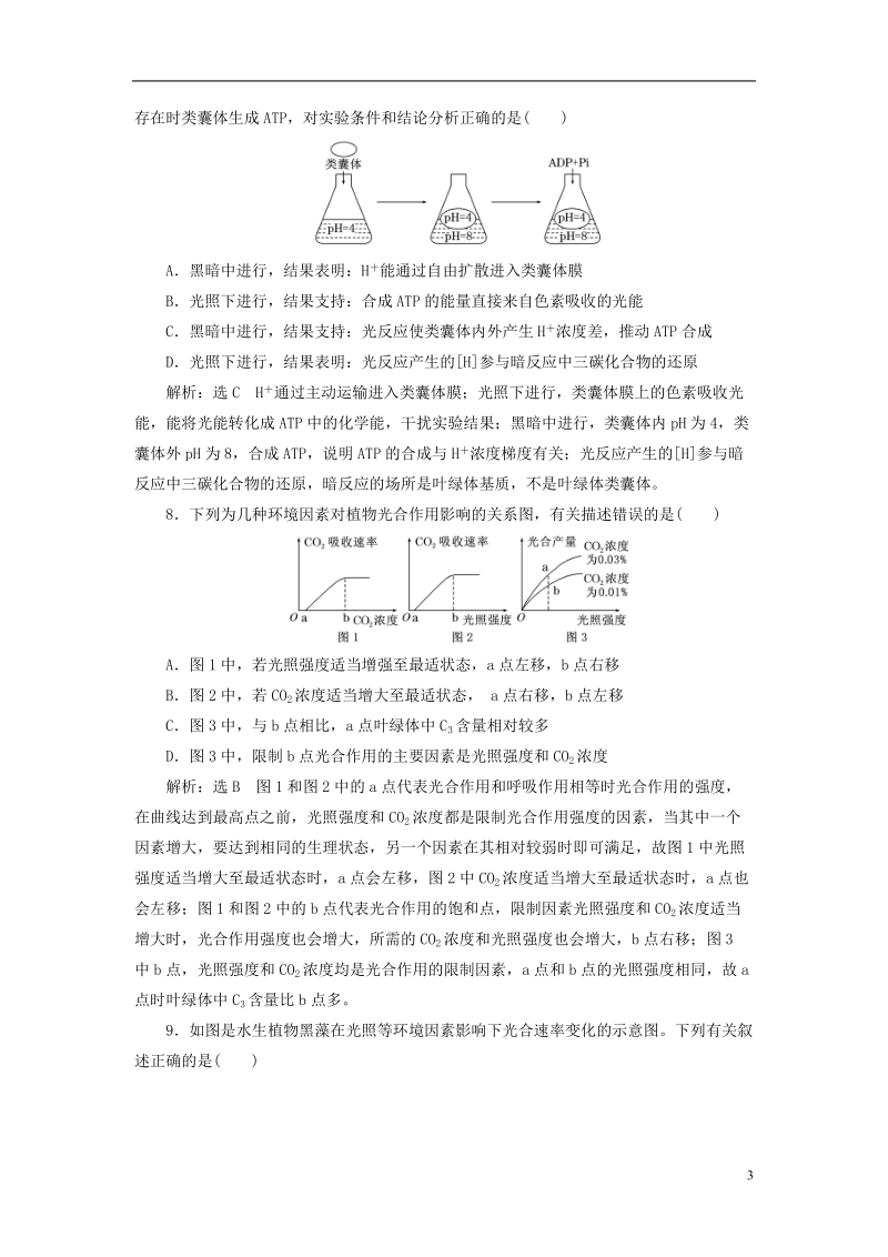 （全国通用版）2019版高考生物一轮复习 第1部分 分子与细胞 第三单元 细胞的能量供应和利用 课时检测（十一）光合作用的过程及影响因素.doc_第3页