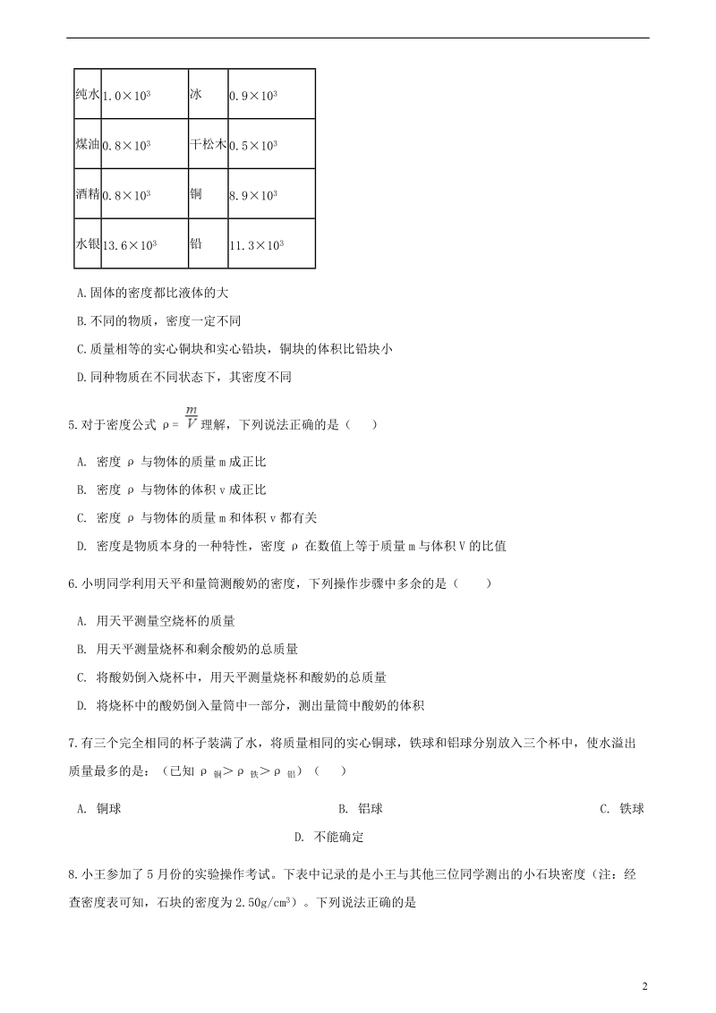 八年级物理全册 5.3 科学探究：物质的密度同步测试 （新版）沪科版.doc_第2页