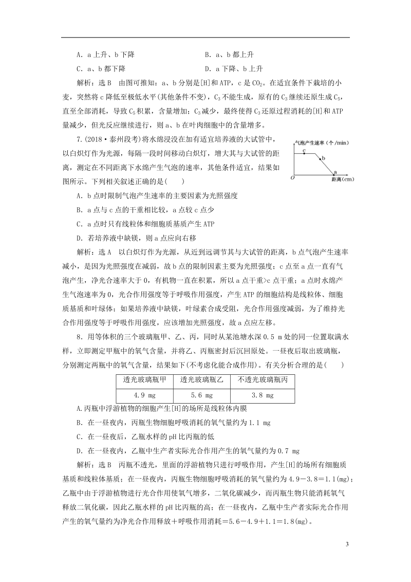 江苏专版2019版高考生物一轮复习第一部分分子与细胞第三单元细胞的能量供应和利用课时跟踪检测十二光合作用与细胞呼吸的关系.doc_第3页