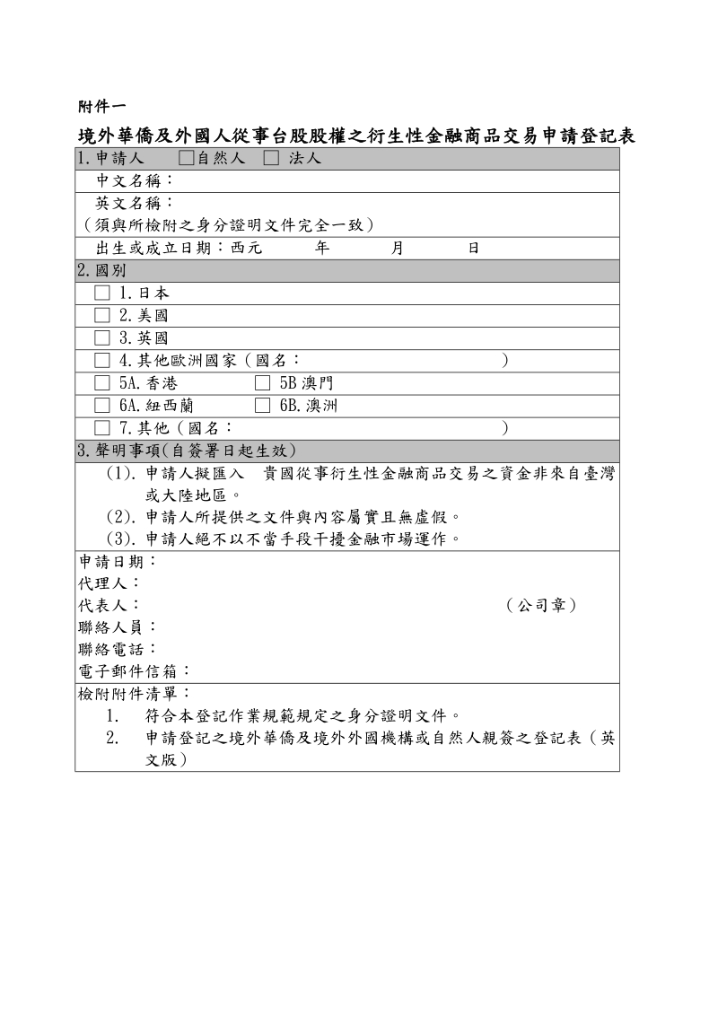 境外华侨及外国人从事台股股权之衍生性金融商品交易申请登记表.doc_第1页