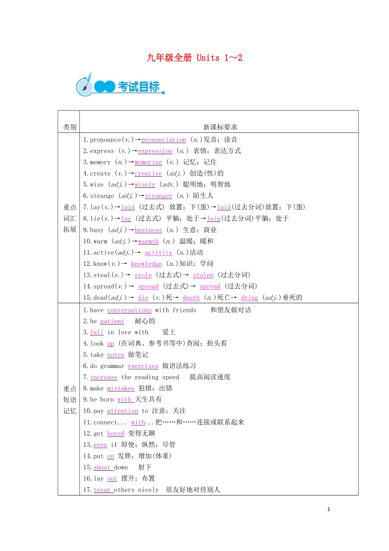 中考英语教材一本通 九全 unit 1-2.doc_第1页