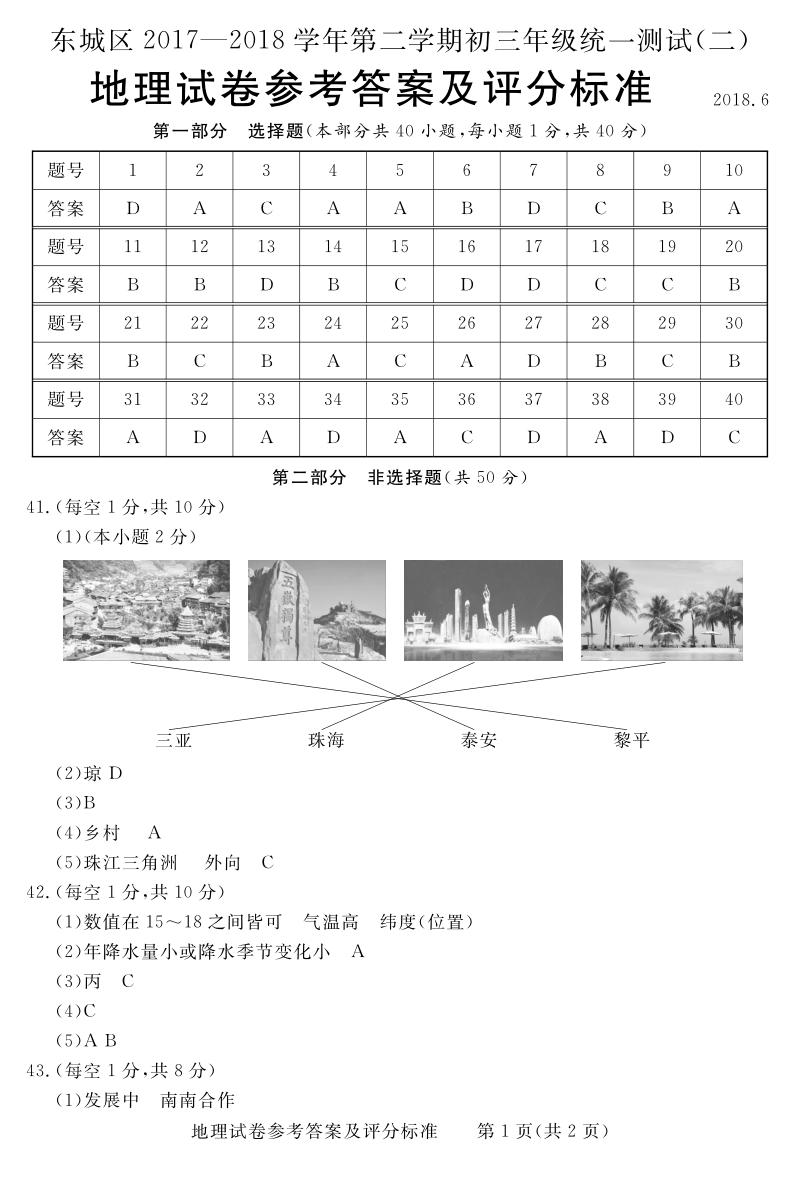 北京市东城区2018届中考地理二模试题答案.pdf_第1页