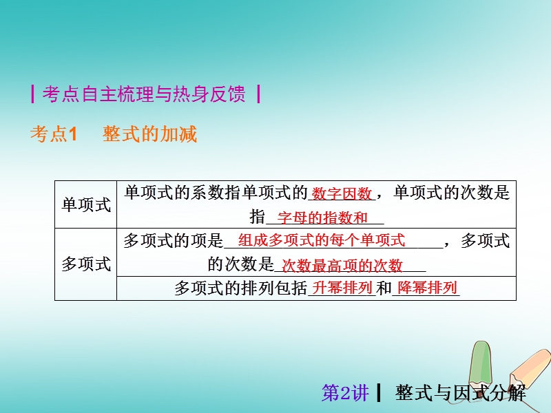 2018届中考数学考前热点冲刺指导第2讲整式与因式分解课件新人教版.ppt_第2页