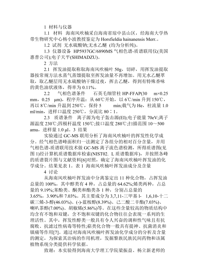 海南风吹楠叶挥发油化学成分气相色谱-质谱联用分析.doc_第2页