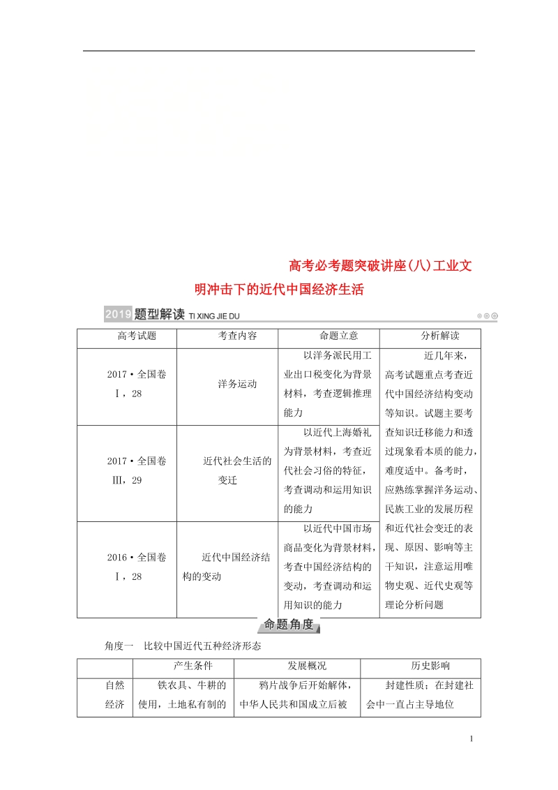 （全国通用版）2019版高考历史大一轮复习 第八单元 工业文明冲击下的近代中国经济与近现代社会生活的变迁 高考必考题突破讲座8 工业文明冲击下的近代中国经济生活学案.doc_第1页