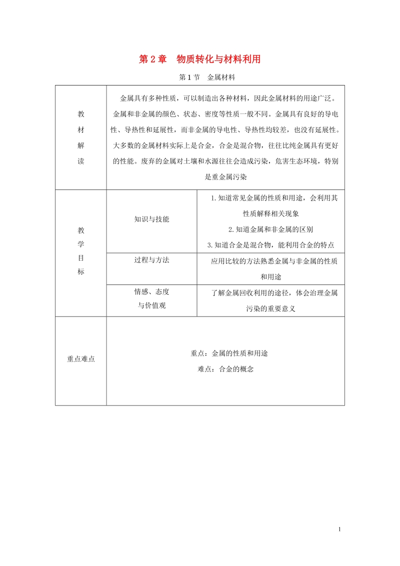 2018年秋九年级科学上册第2章物质转化与材料利用第1节金属材料导学案无答案新版浙教版.doc_第1页