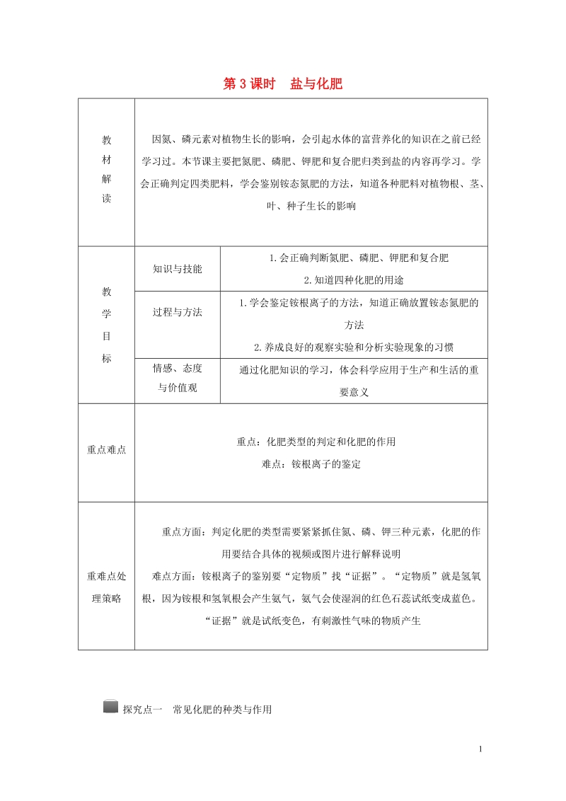 2018年秋九年级科学上册第1章物质及其变化第6节几种重要的盐第3课时盐与化肥导学案无答案新版浙教版.doc_第1页