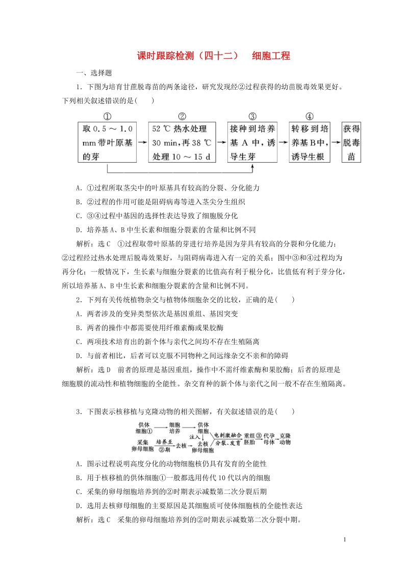 江苏专版2019版高考生物一轮复习鸭部分现代生物科技专题课时跟踪检测四十二细胞工程.doc_第1页