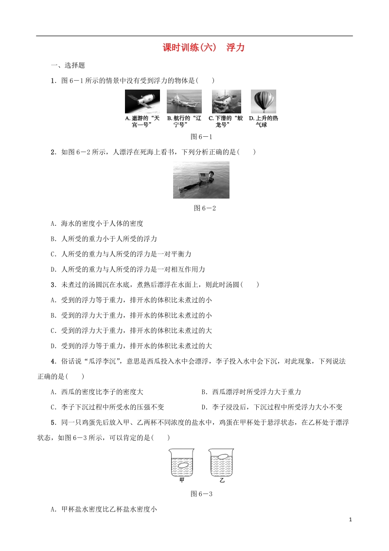 中考物理 第06课时 浮力课时训练.doc_第1页