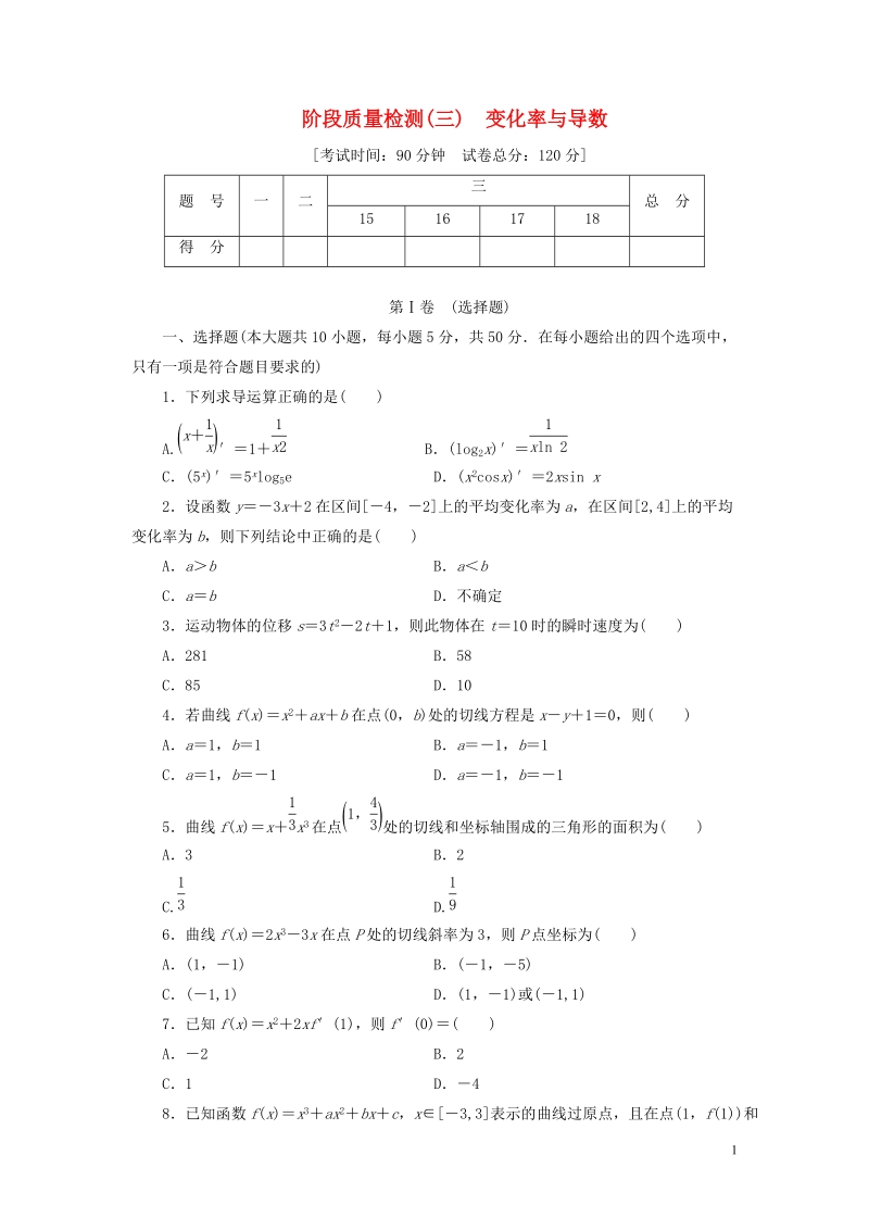 2017_2018学年高中数学阶段质量检测三变化率与导数北师大版选修.doc_第1页