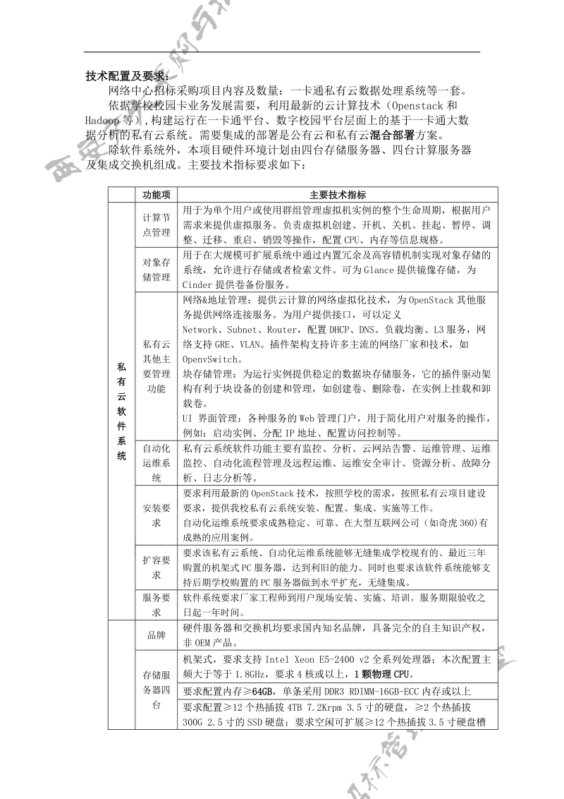 技术配置及要求：网络中心招标采购项目内容及数量：一卡通私有云.doc_第1页