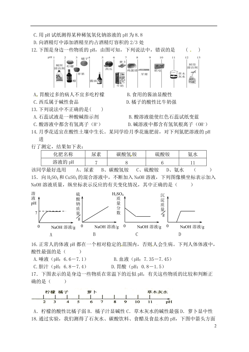 江苏省宿迁市泗洪县九年级化学练习38 第三节 溶液的酸碱性（无答案）.doc_第2页