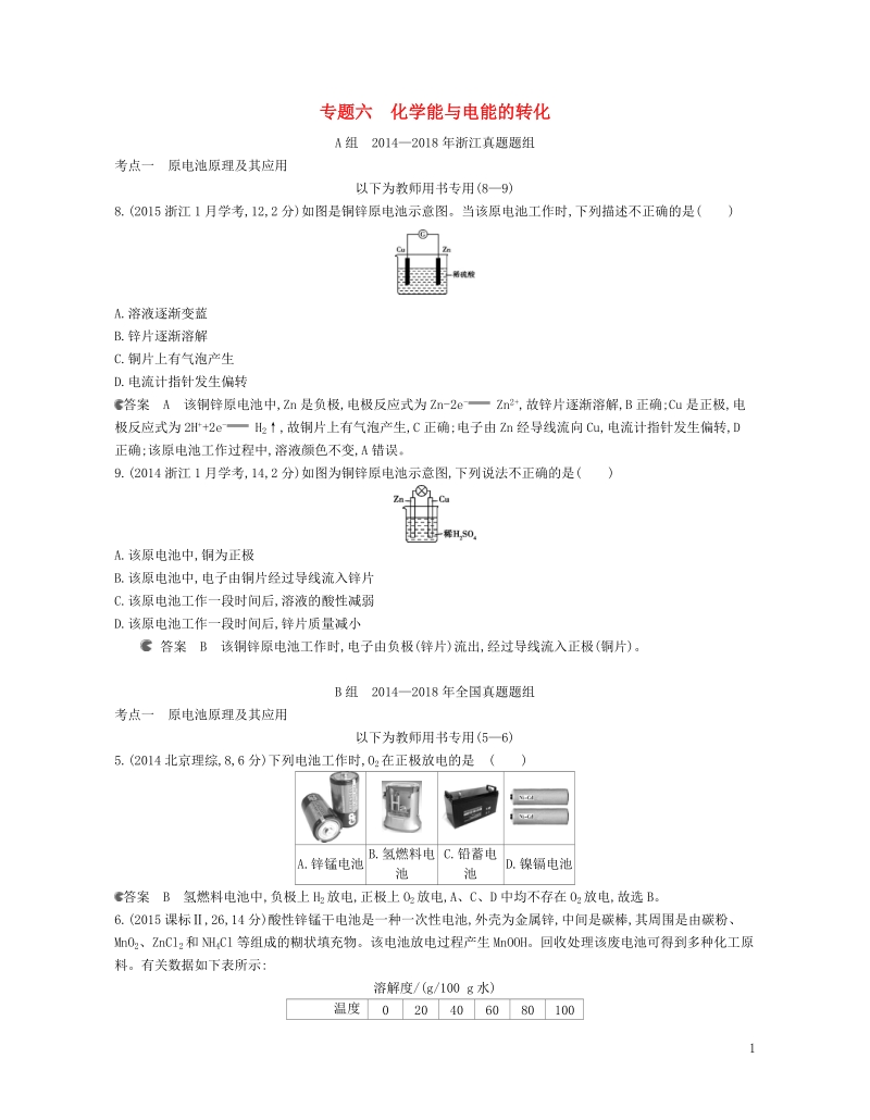 b版浙江鸭专用2019版高考化学总复习第二部分专题六化学能与电能的转化检测.doc_第1页