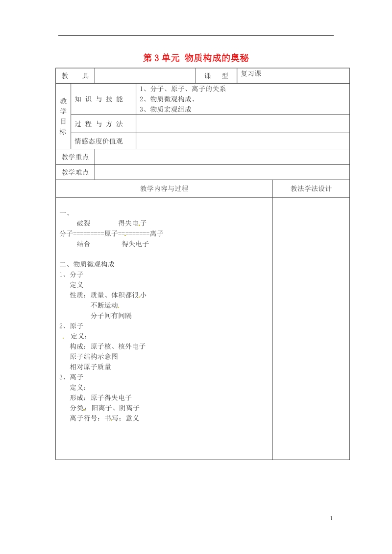 吉林省长春市双阳区九年级化学上册 第3单元 物质构成的奥秘复习课教学案（无答案）（新版）新人教版.doc_第1页