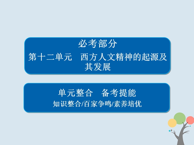 2019届高考历史一轮复习第十二单元西方人文精神的起源及其发展单元整合课件新人教版.ppt_第1页