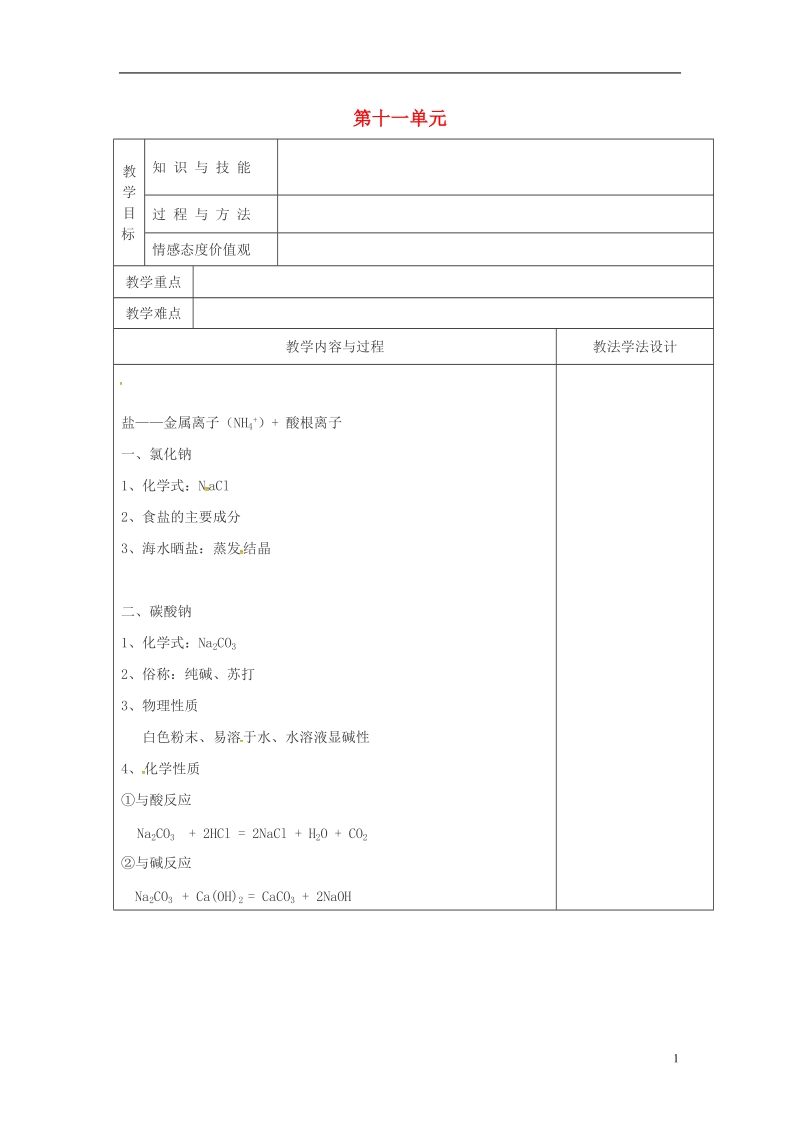 吉林省长春市双阳区九年级化学下册 第11单元 盐 化肥复习课教学案（无答案）（新版）新人教版.doc_第1页