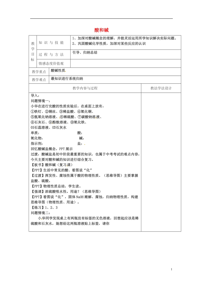 吉林省长春市双阳区九年级化学下册 第10单元 酸和碱复习课教学案1（无答案）（新版）新人教版.doc_第1页