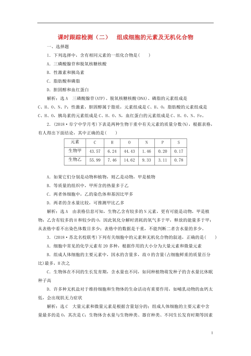 江苏专版2019版高考生物一轮复习第一部分分子与细胞第一单元细胞及其分子组成课时跟踪检测二组成细胞的元素及无机化合物.doc_第1页