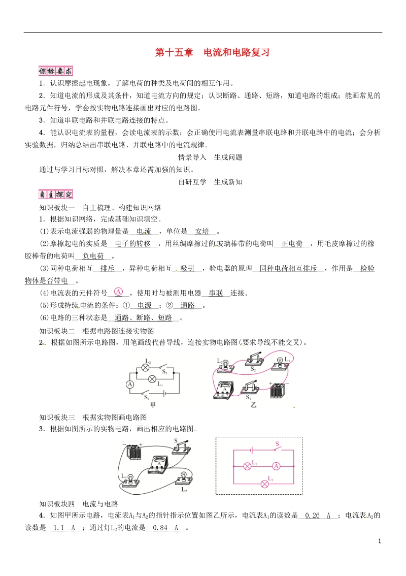 （毕节专版）2018年九年级物理全册 第15章 电流和电路复习学案 （新版）新人教版.doc_第1页