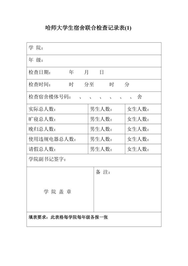 哈师大学生宿舍联合检查记录表（1）.doc_第1页