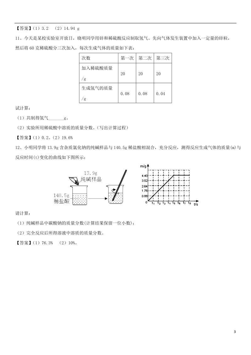 2018年中考化学重要知识点 根据化学方程式的计算练习卷.doc_第3页