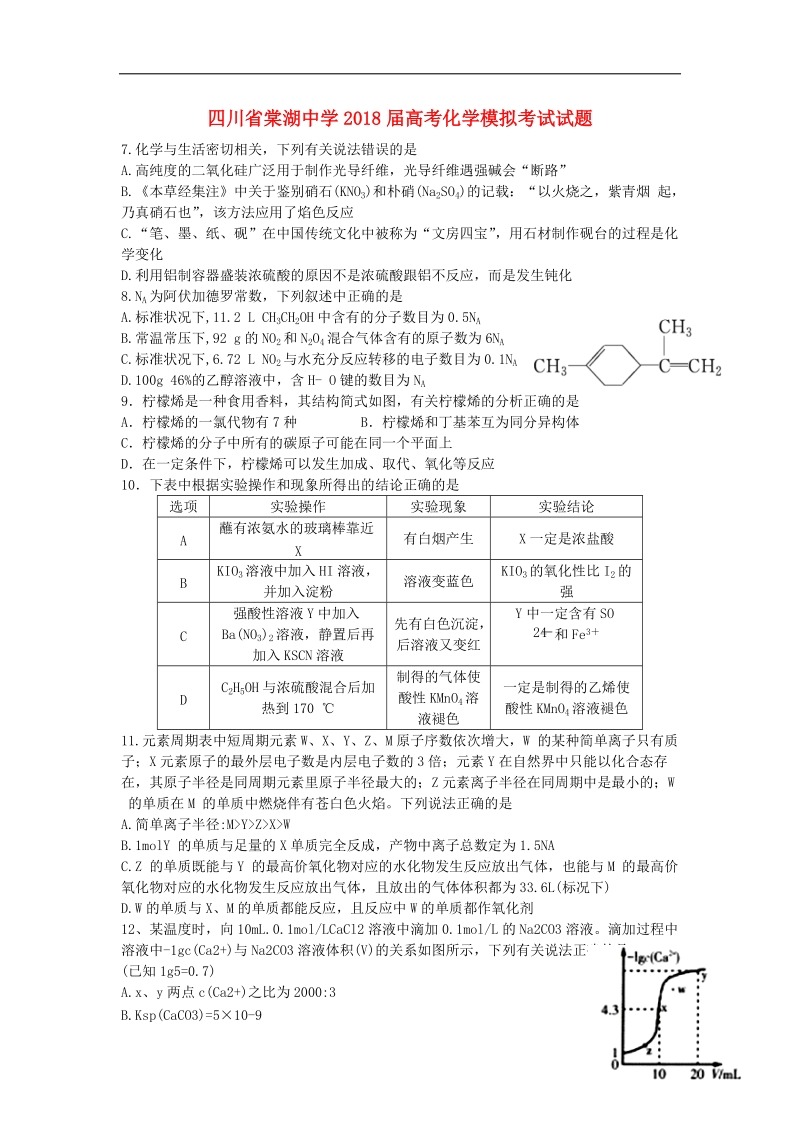 四川省棠湖中学2018届高考化学模拟考试试题.doc_第1页