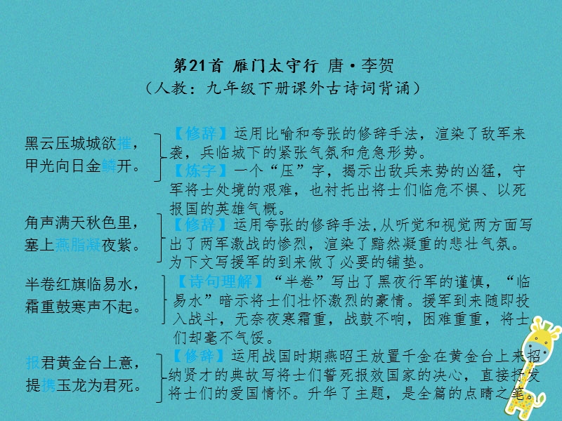 （甘肃专版）2018届中考语文 第三部分 文言文及古诗词赏析 专题二 古诗词曲赏析（21-40首）复习课件.ppt_第1页