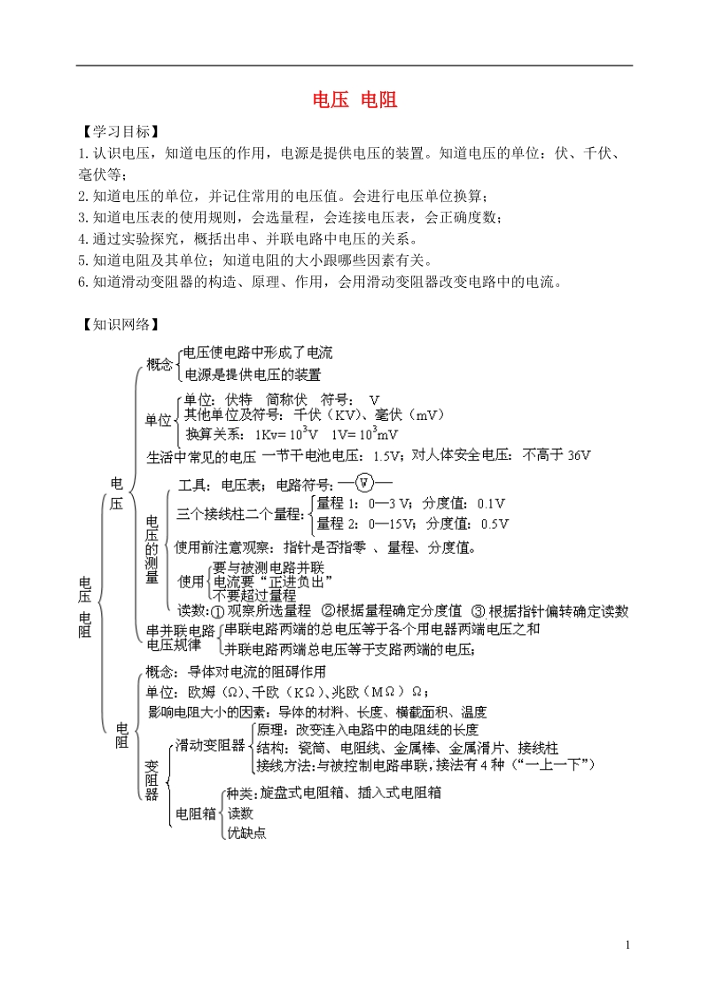 九年级物理全册 第十六章《电压 电阻》复习导学案 （新版）新人教版.doc_第1页