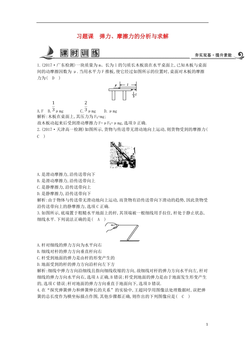 2017_2018版高中物理第三章相互作用习题课弹力摩擦力的分析与求解练习新人教版必修.doc_第1页