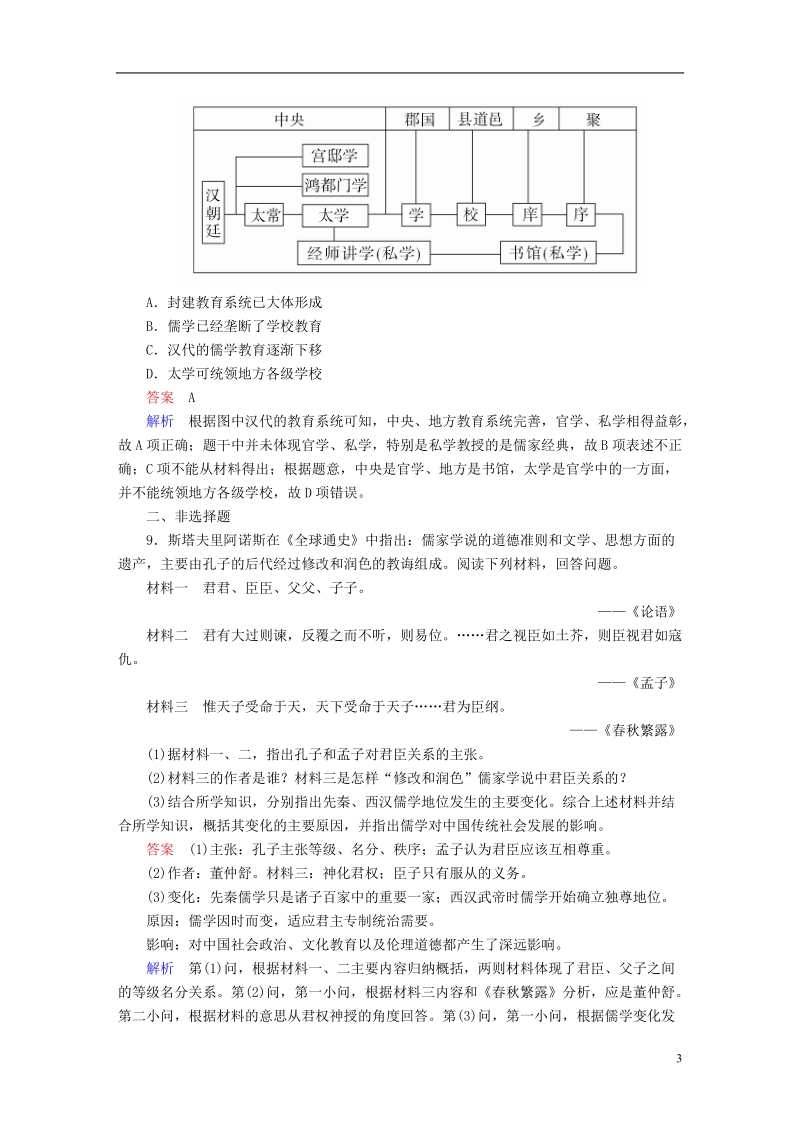 2019届高考历史一轮复习第十一单元中国传统文化主流思想的演变40汉代“罢黜百家独尊儒术”限时规范特训新人教版.doc_第3页