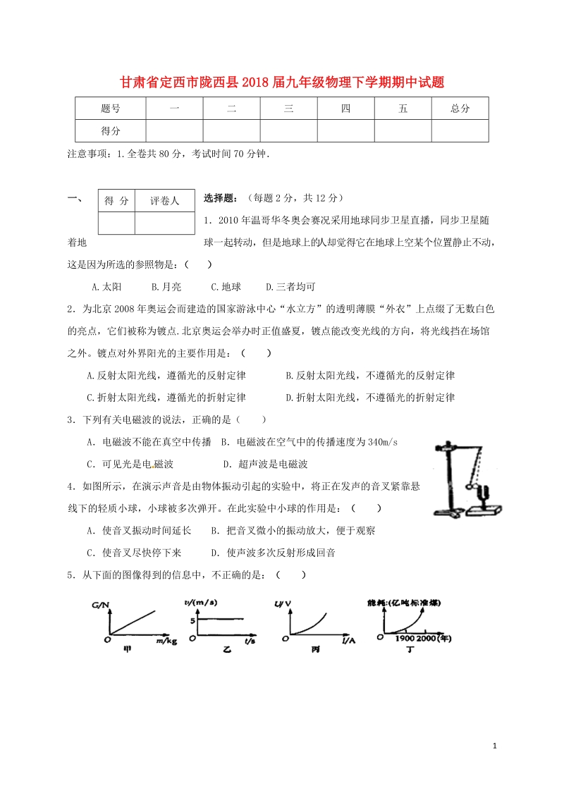 甘肃狮西市陇西县2018届九年级物理下学期期中试题.doc_第1页