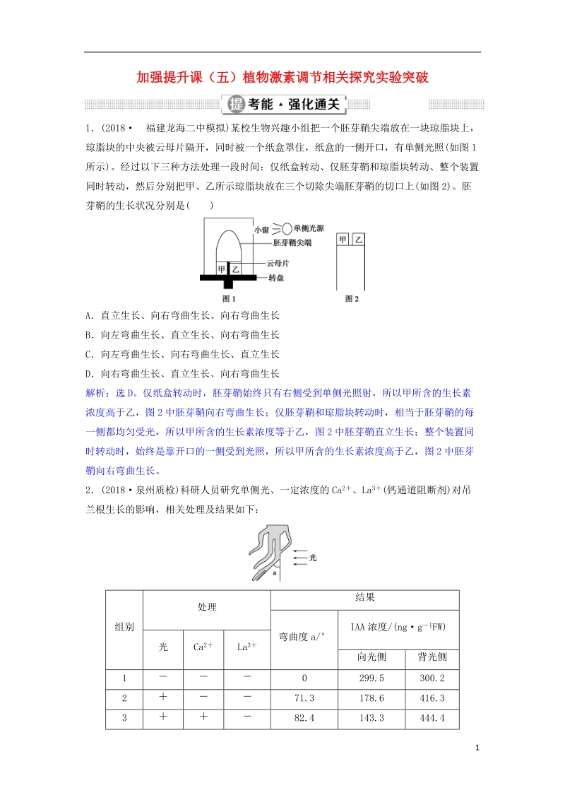 2019届高考生物总复习 第八单元 生命活动的调节 加强提升课（五）植物激素调节相关探究实验突破提考能强化通关 新人教版.doc_第1页