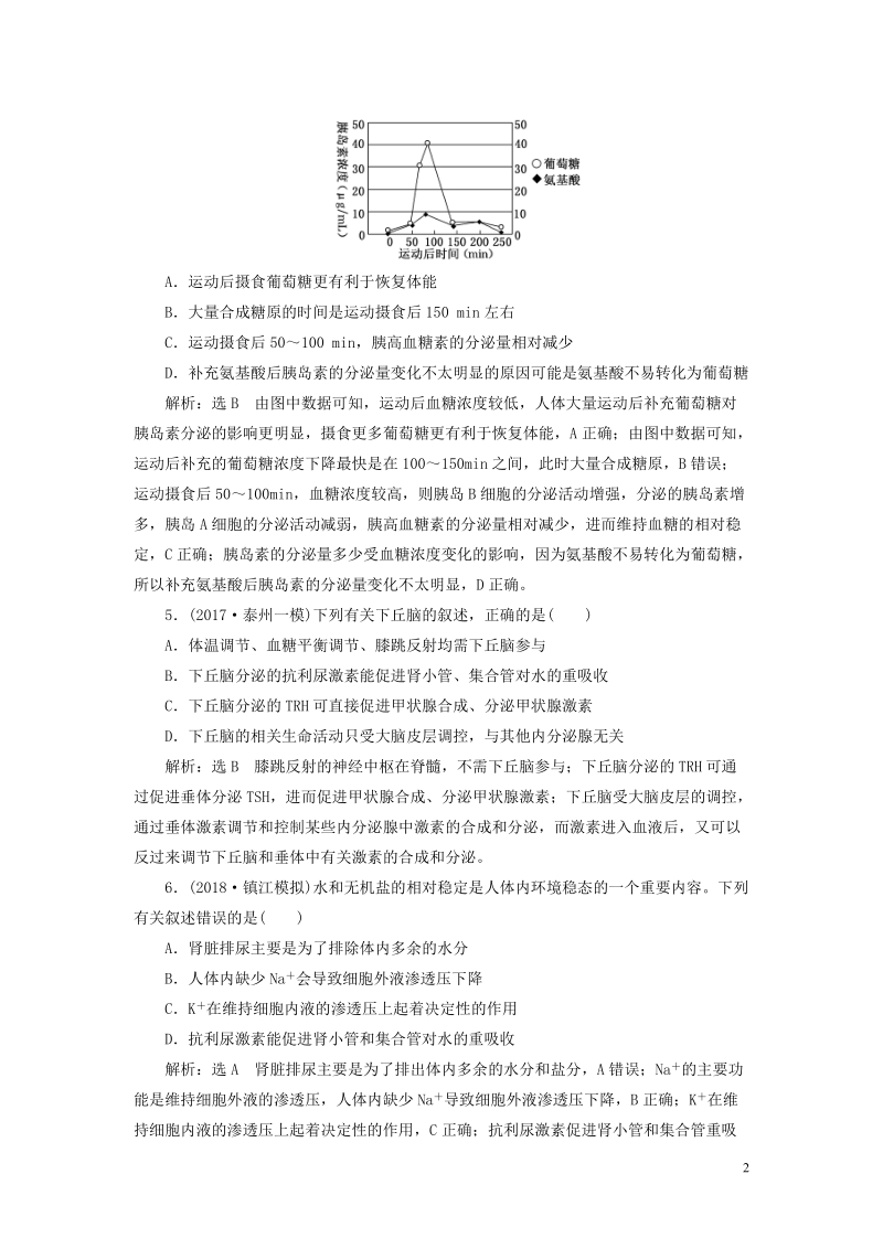 江苏专版2019版高考生物一轮复习第三部分稳态与环境第一单元动物和人体生命活动的调节课时跟踪检测三十神经调节与体液调节的关系.doc_第2页