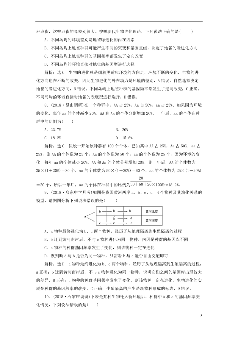 江苏专版2019版高考生物一轮复习第二部分遗传与进化第三单元生物变异育种和进化课时跟踪检测二十六生物的进化.doc_第3页