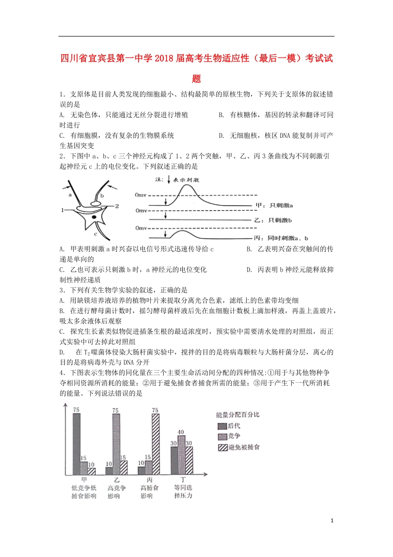 四川省宜宾县第一中学2018届高考生物适应性最后一模考试试题.doc_第1页