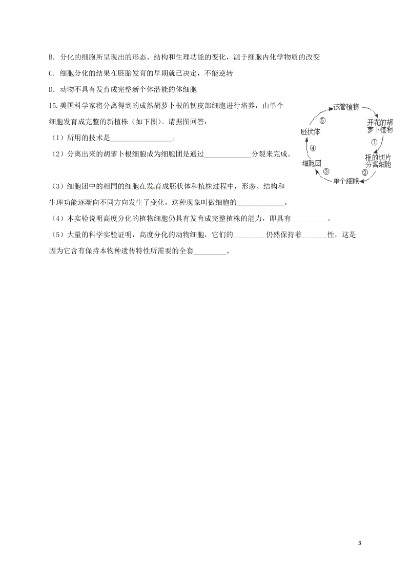 山西省忻州市高中生物 第六章 细胞的生命历程 第二节 细胞的分化课时测练 新人教版必修1.doc_第3页