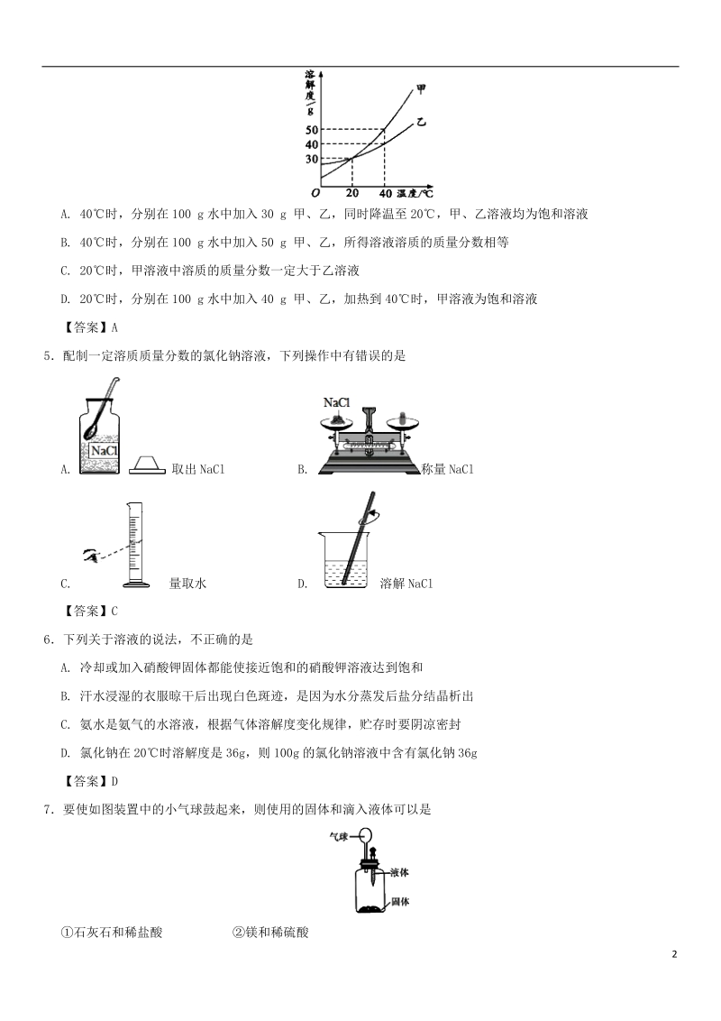 2018年中考化学重要考点 溶液综合练习卷.doc_第2页