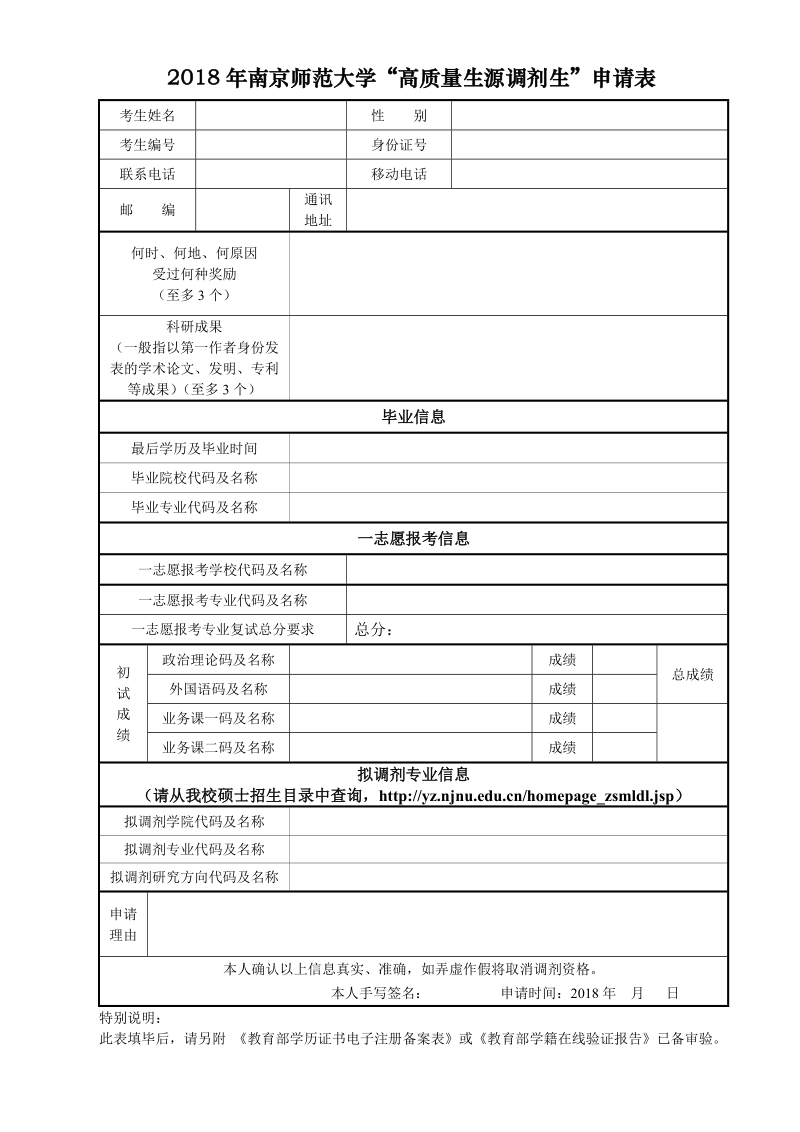 2004年南京师大接收调剂申请表.doc_第1页