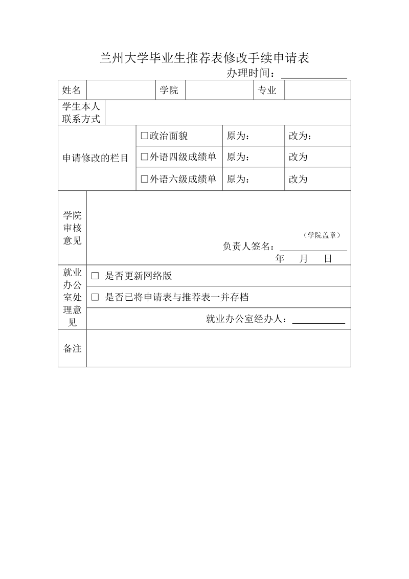 兰州大学毕业生推荐表修改手续申请表.doc_第1页