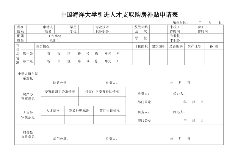 中国海洋大学引进人才购房补贴申请表.doc_第1页