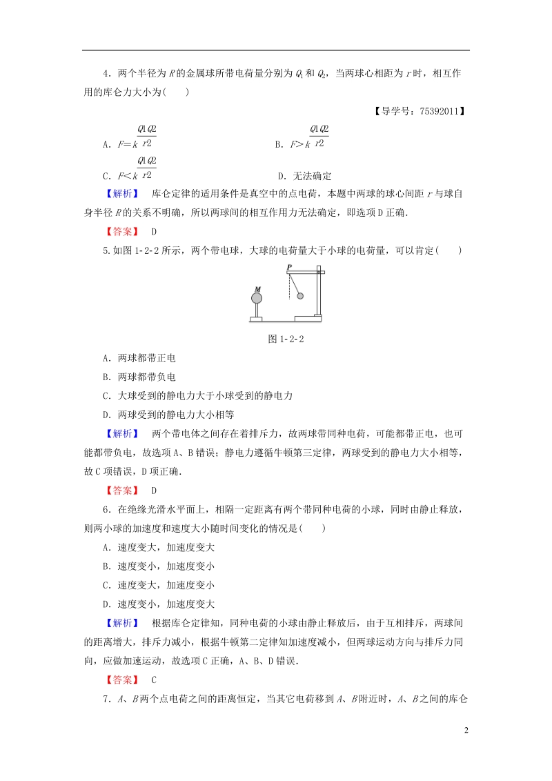 2018版高中物理 第1章 电与磁 第2节 点电荷间的相互作用学业分层测评2 粤教版选修1-1.doc_第2页