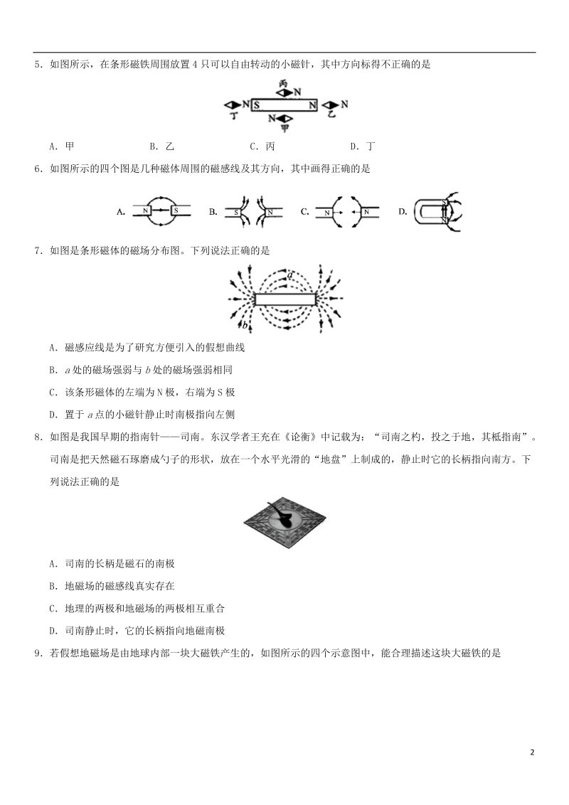 2018年中考物理 磁现象专题复习练习卷（无答案）.doc_第2页