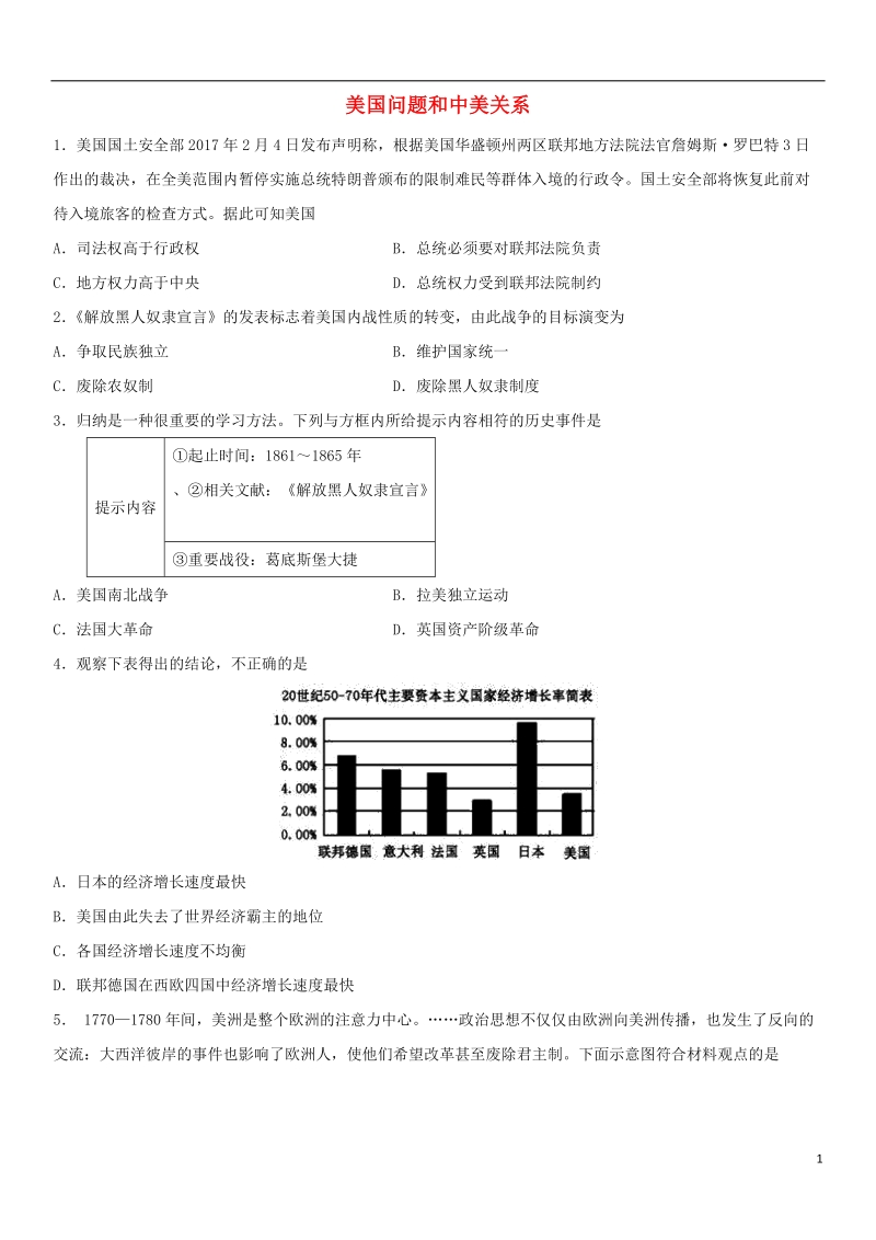 2018年中考历史考前终极冲刺练习 美国问题和中美关系.doc_第1页