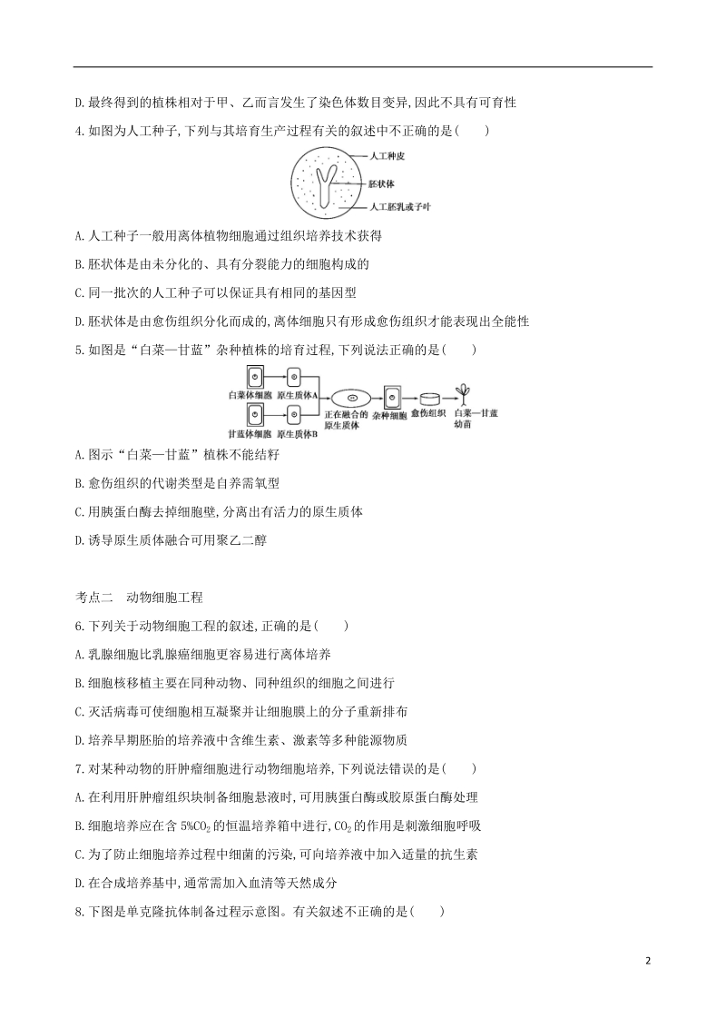 （北京专用）2019版高考生物一轮复习 第10单元 现代生物科技专题 第34讲 克隆技术夯基提能作业本.doc_第2页