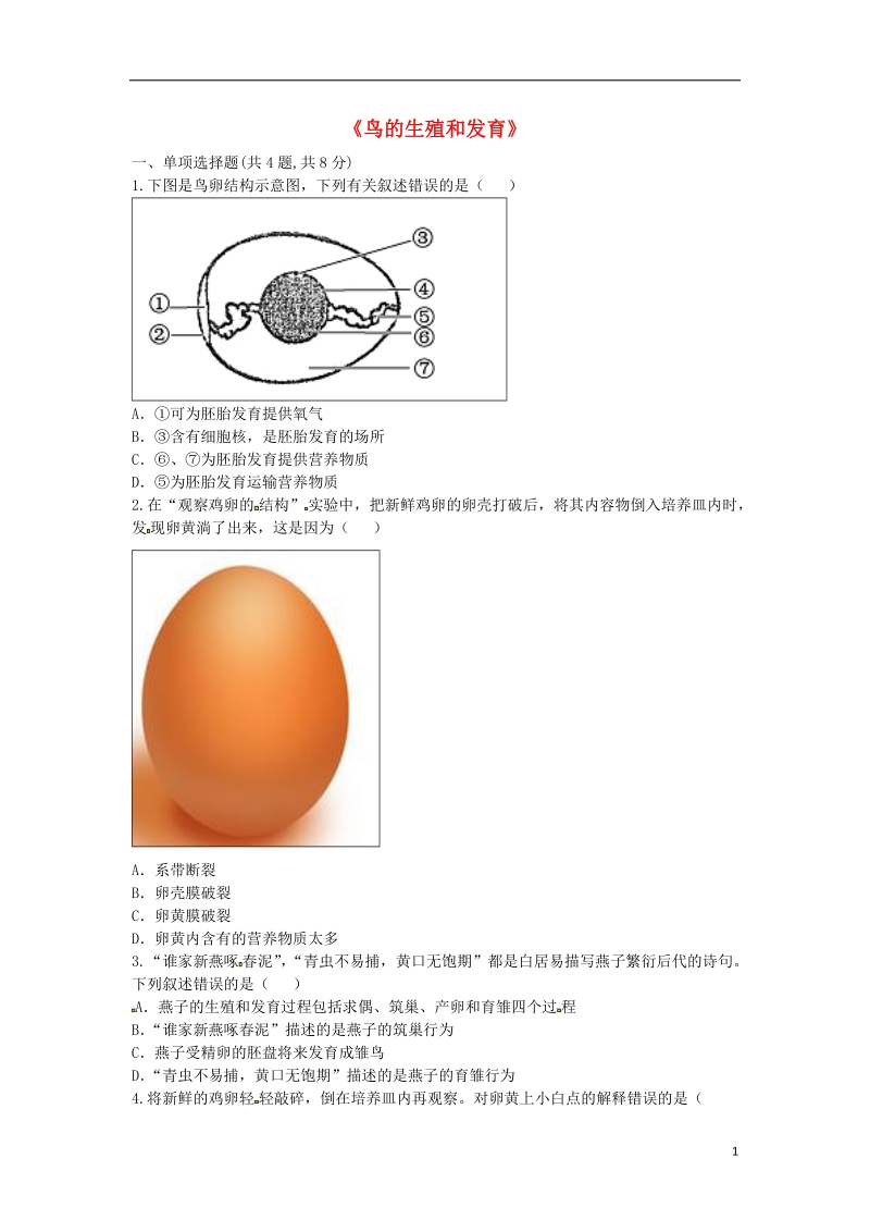 河南省永城市八年级生物下册 7.1.4《鸟的生殖和发育》综合训练（无答案）（新版）新人教版.doc_第1页