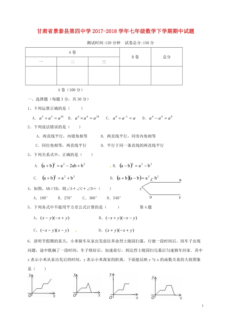 甘肃拾泰县第四中学2017_2018学年七年级数学下学期期中试题无答案新人教版.doc_第1页