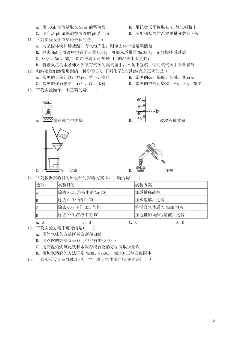 山东省泰安市泰山学院附属中学2018届九年级化学第二次模拟考试试题.doc_第2页