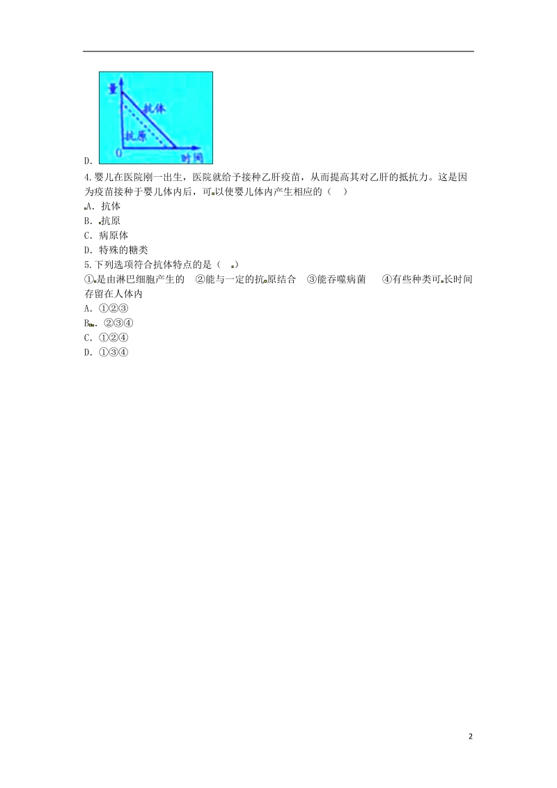 河南省永城市八年级生物下册 8.1《抗体和抗原》易错集训（无答案）（新版）新人教版.doc_第2页